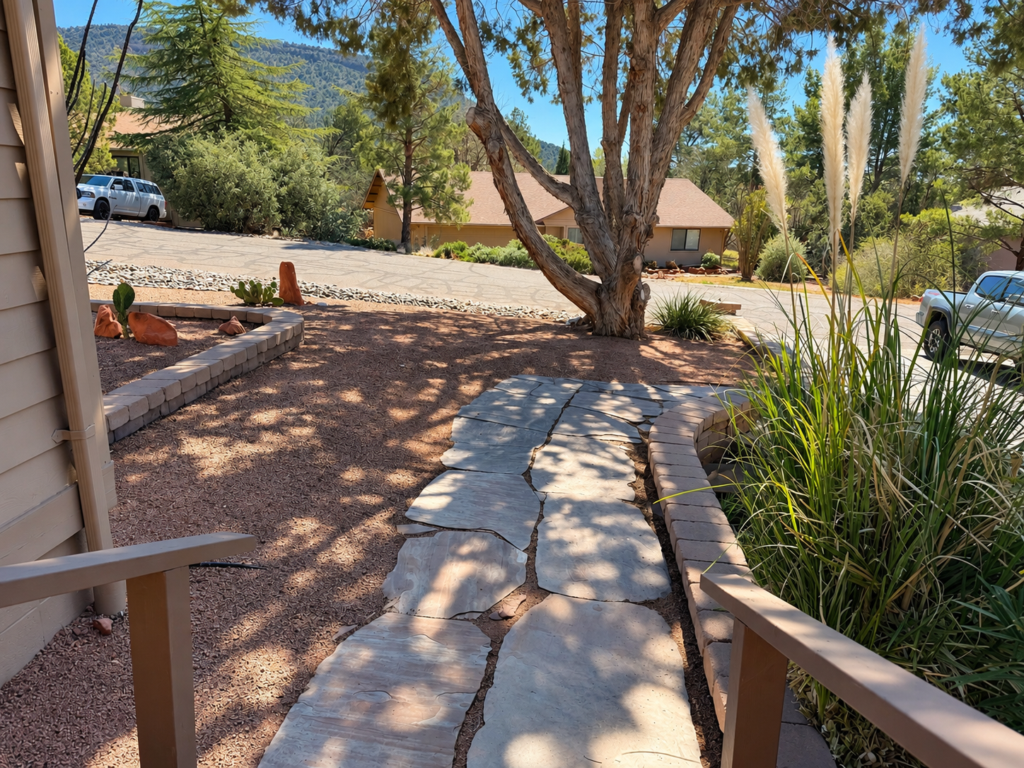Flagstone walkway through a maintained gravel garden in Sedona